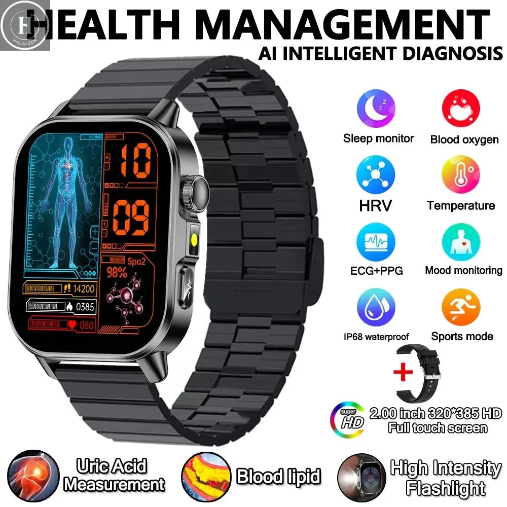 2026 New Model Uric Acid & Lipid Health Analysis Smart Watch Men ECG+PPG Bluetooth Call 2.01-inch Flashlight Smartwatch Women HALALZEN