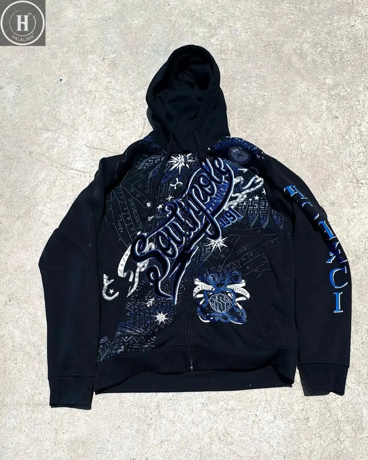 Mysterious tarot card printed hooded sweatshirt retro old splash ink Indonesian slogan trendy cardigan HALALZEN