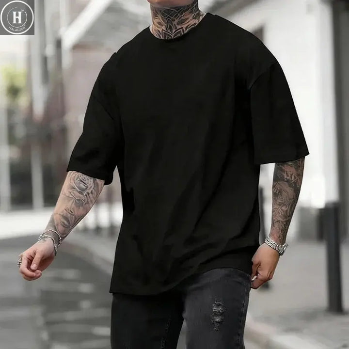 Cotton Hot Sales Mens T-shirt Solid Color Casual Quality Short Sleeve Outdoor Sports Jogging T-shirt Soft Loose Black White Tees HALALZEN