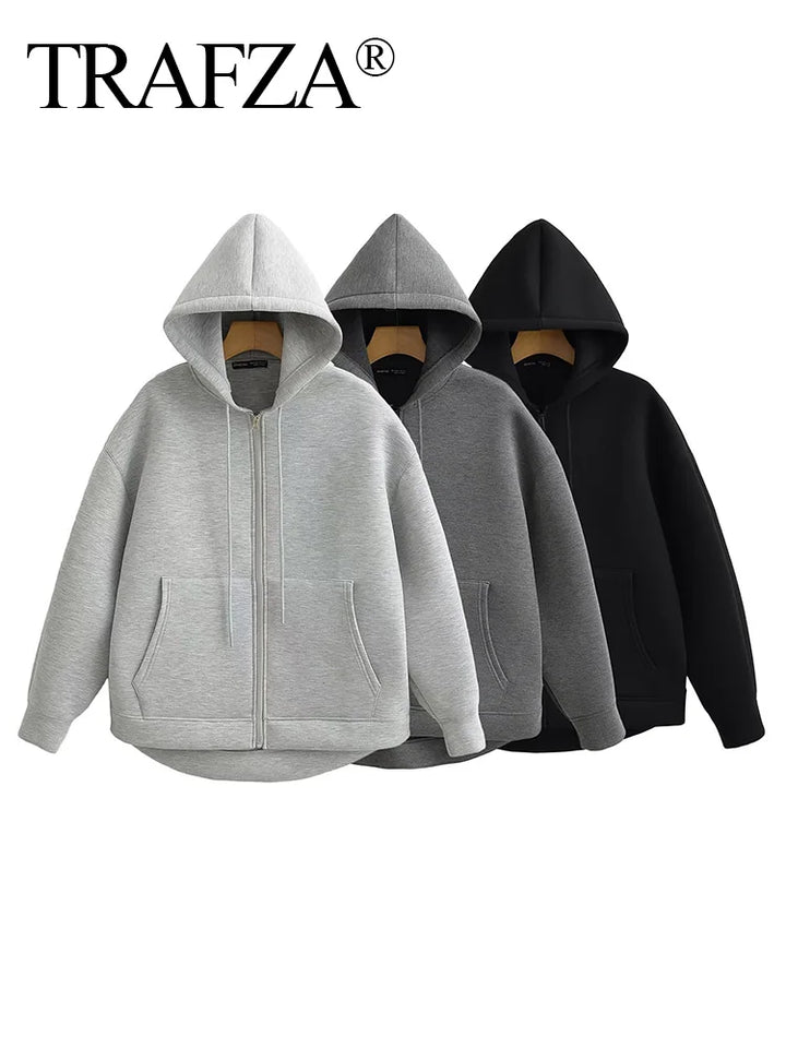 TRAFZA 2025 Casual Women's Soild Zipper Hoodie Long Sleeve Big Pocket Zipper Jacket With Hood Female Loose Outerwear Coat Tops