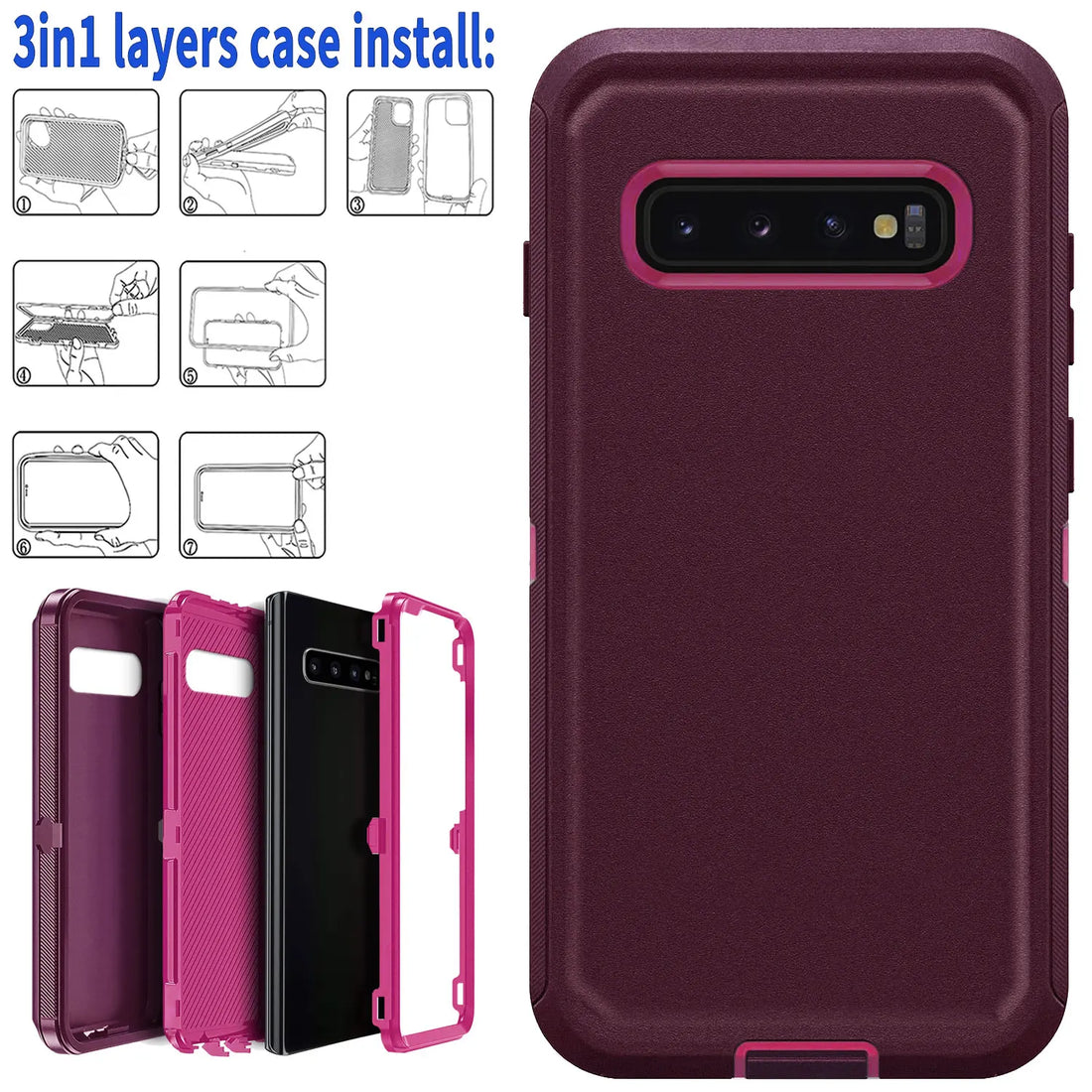 Red For Samsung Galaxy S10+ Plus S10 S10E Case Heavy Duty Shockproof Hard Protective Rugged Hybrid 3in1 Layers Phone Cover