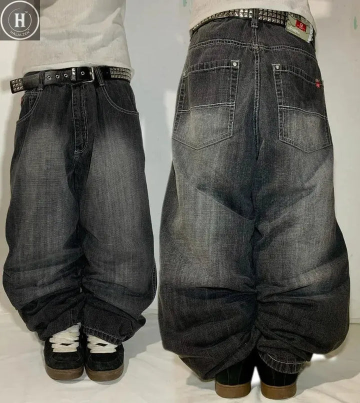 Gothic Fashion New Black Solid Color Washed Old Casual Jeans Men Y2K Streetwear Vintage Popular High Waist Baggy Wide-leg Pants HALALZEN
