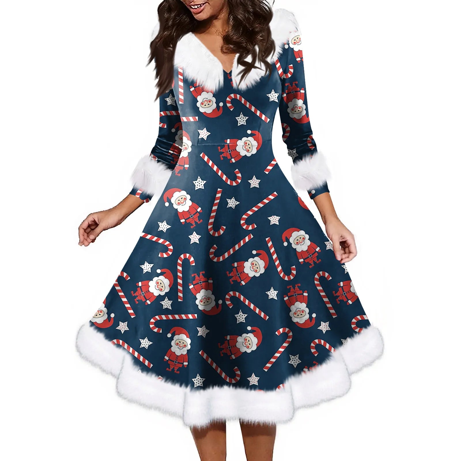 Women'S Fashion V-Neck Casual Fit Christmas Print Party Long Sleeve Dress Elegant Dresses