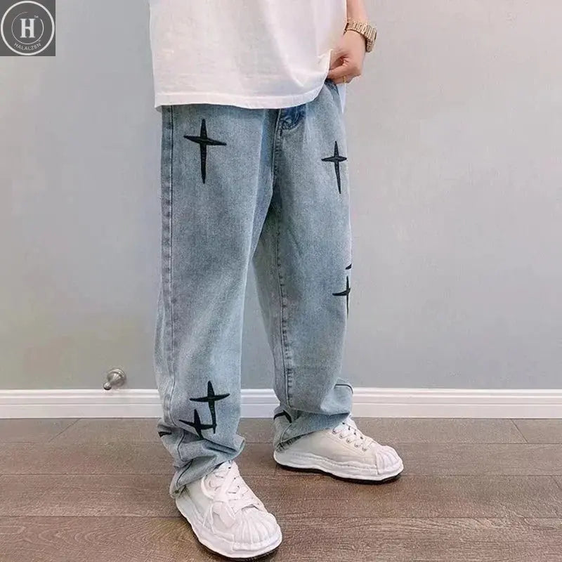 Men's Trendy Cool Style 2024 Blue Denim Pants Baggy Wide Leg Streetwear Trousers Cross Star Sticker Embroidery Design Jeans Male Halalzen UK