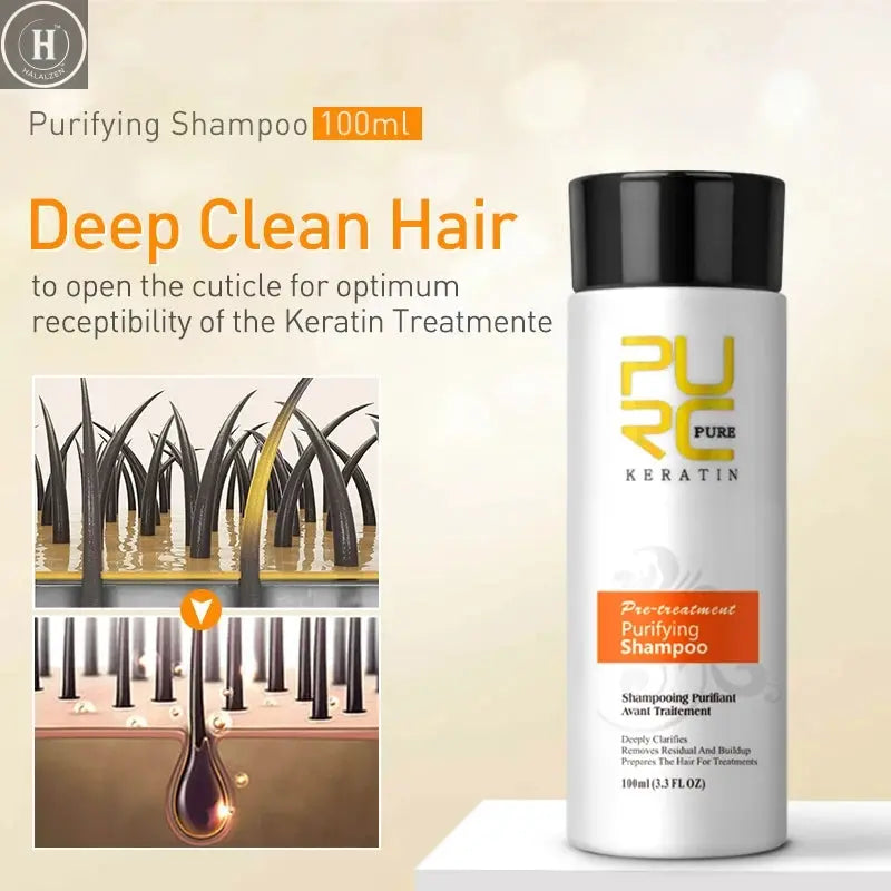PURC 300ml Brazilian Keratin Hair Treatment & 100ml Purifying Shampoo Set Professional Straightening Repair Frizz Soft Hair Care HALALZEN
