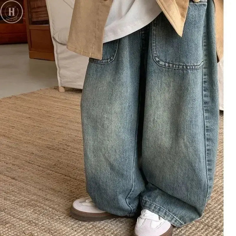 Children's Retro Jeans Loose Straight Pants Wide Leg Pants for Boys and Girls 2025 New Spring Autumn Kid's Denim Pocket Trousers HALALZEN