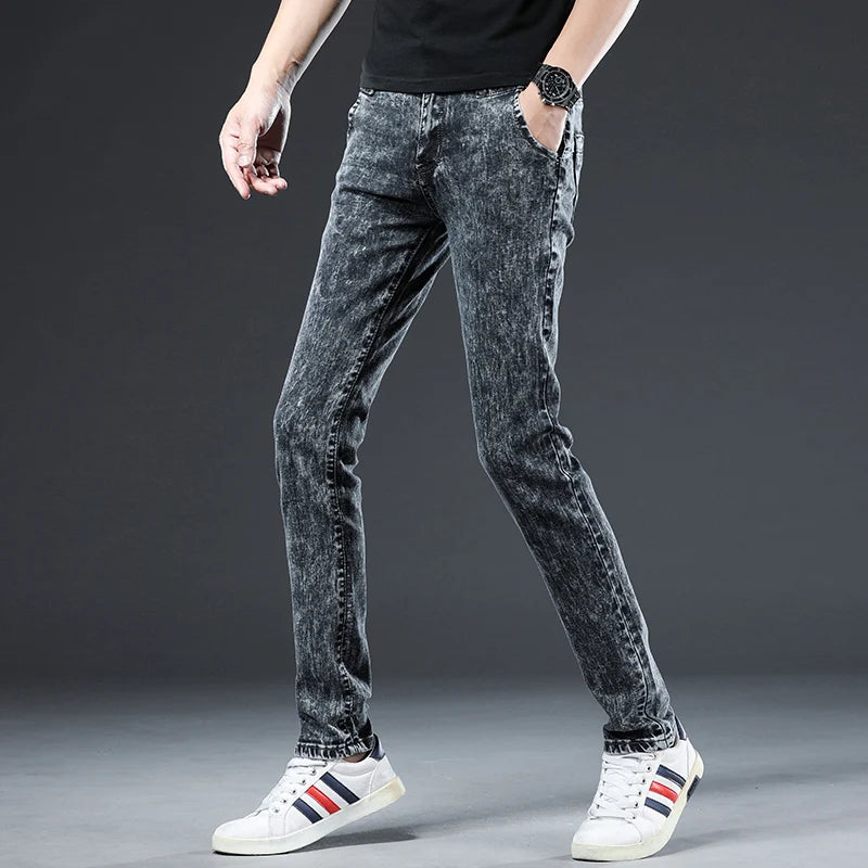 2024 Classic Korean Fashion Street Trendy Men Skinny Retro Snowflake Design Slim Fit Denim Pants New Elastic Cotton Men Jeans