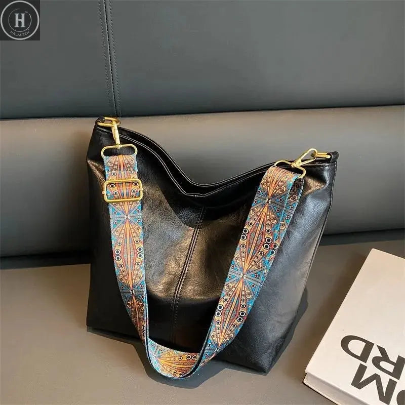 Women Vintage PU Leather Shoulder Bag Large Capacity Hobo Tote Wide Strap Casual Crossbody Purse Daily Handbag Quality HALALZEN