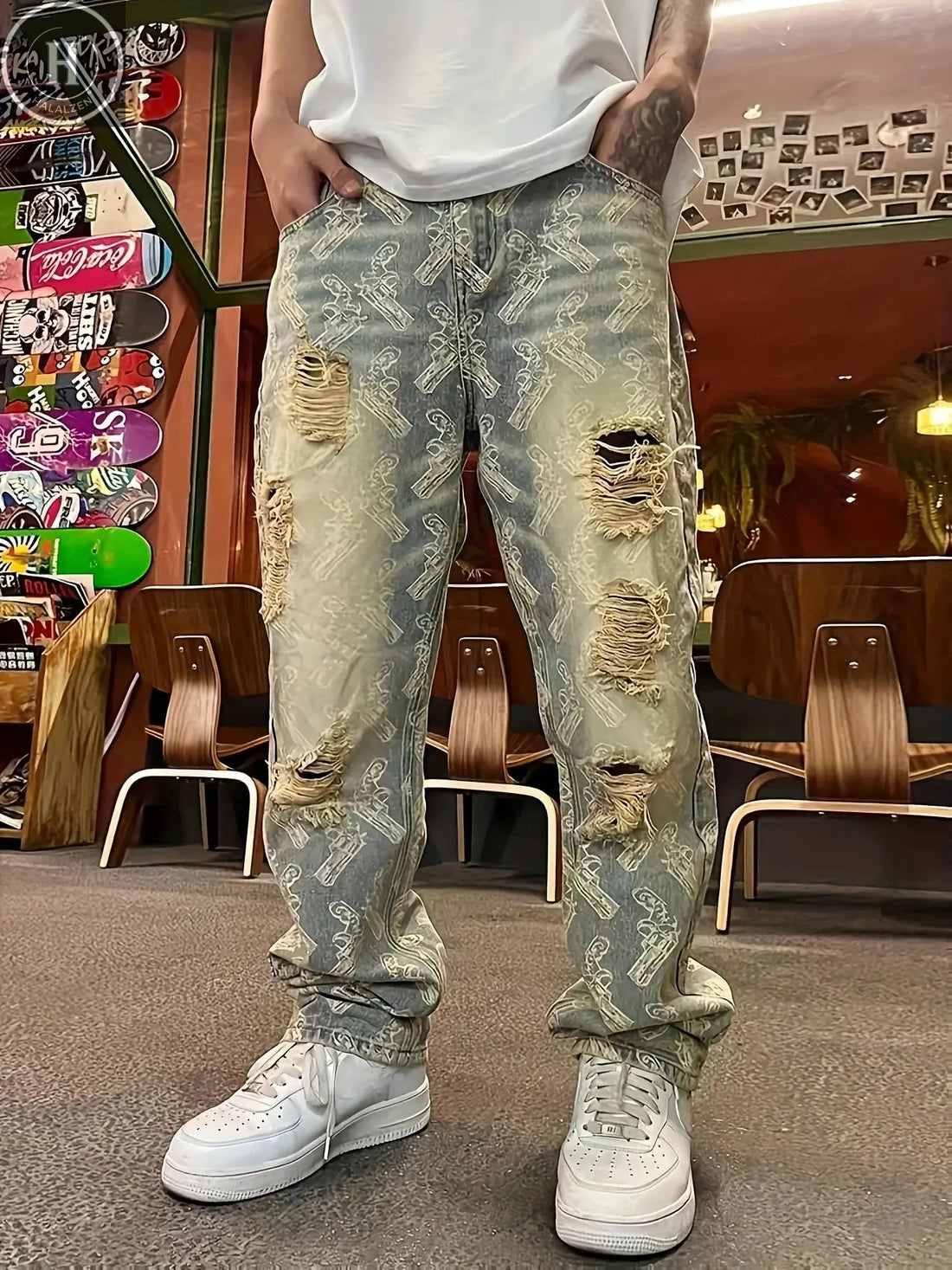 American-Style Street Washed Distressed Ripped Jeans for Men, Spring and Autumn Straight-Leg Loose European and American High Street Vibe Long Pants Halalzen UK