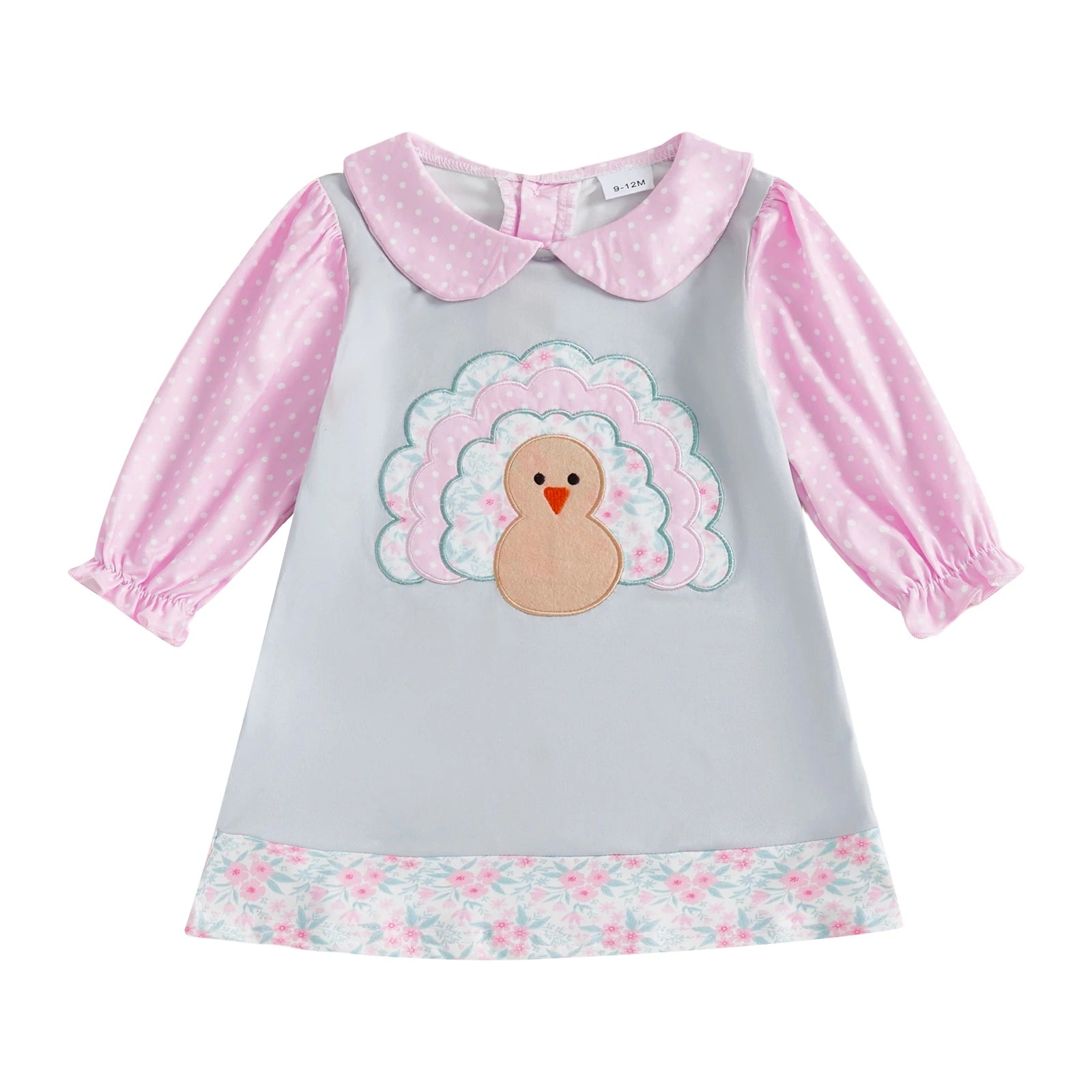Adorable Infant Girl Fall Dress with Cute Turkey Embroidery and Lantern Sleeves for Thanksgiving Celebration