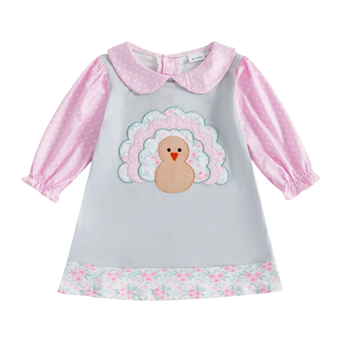 Adorable Infant Girl Fall Dress with Cute Turkey Embroidery and Lantern Sleeves for Thanksgiving Celebration