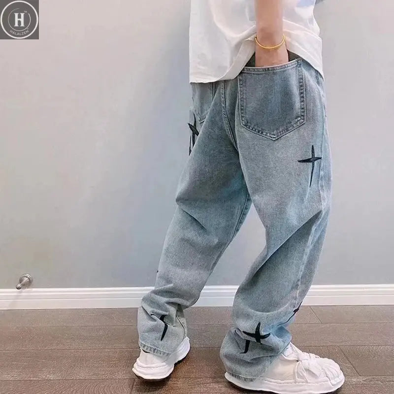 Men's Trendy Cool Style 2024 Blue Denim Pants Baggy Wide Leg Streetwear Trousers Cross Star Sticker Embroidery Design Jeans Male Halalzen UK