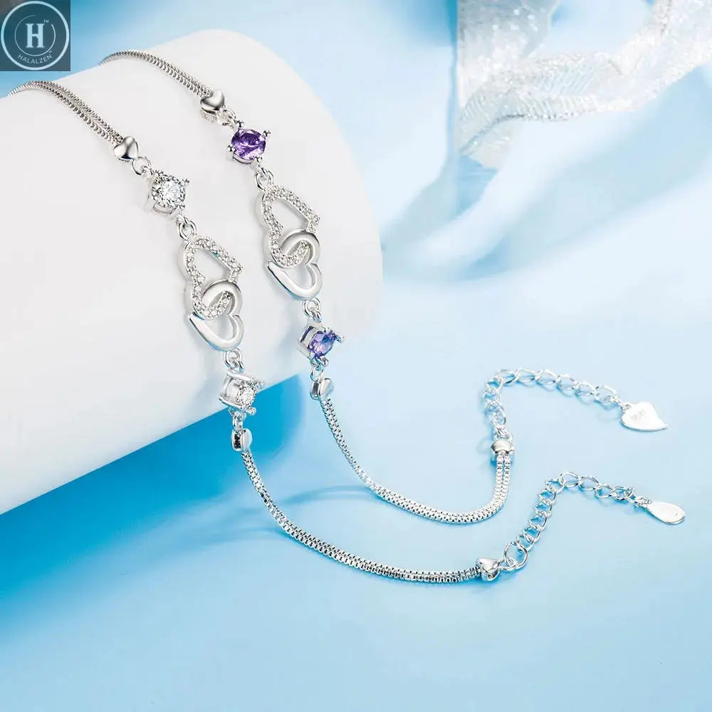 S925 Sterling Silver Bracelet Inlaid With Natural Amethyst Zircon Heart Lady Bracelet, Charm Jewelry Gift Wedding Jewelry HALALZEN