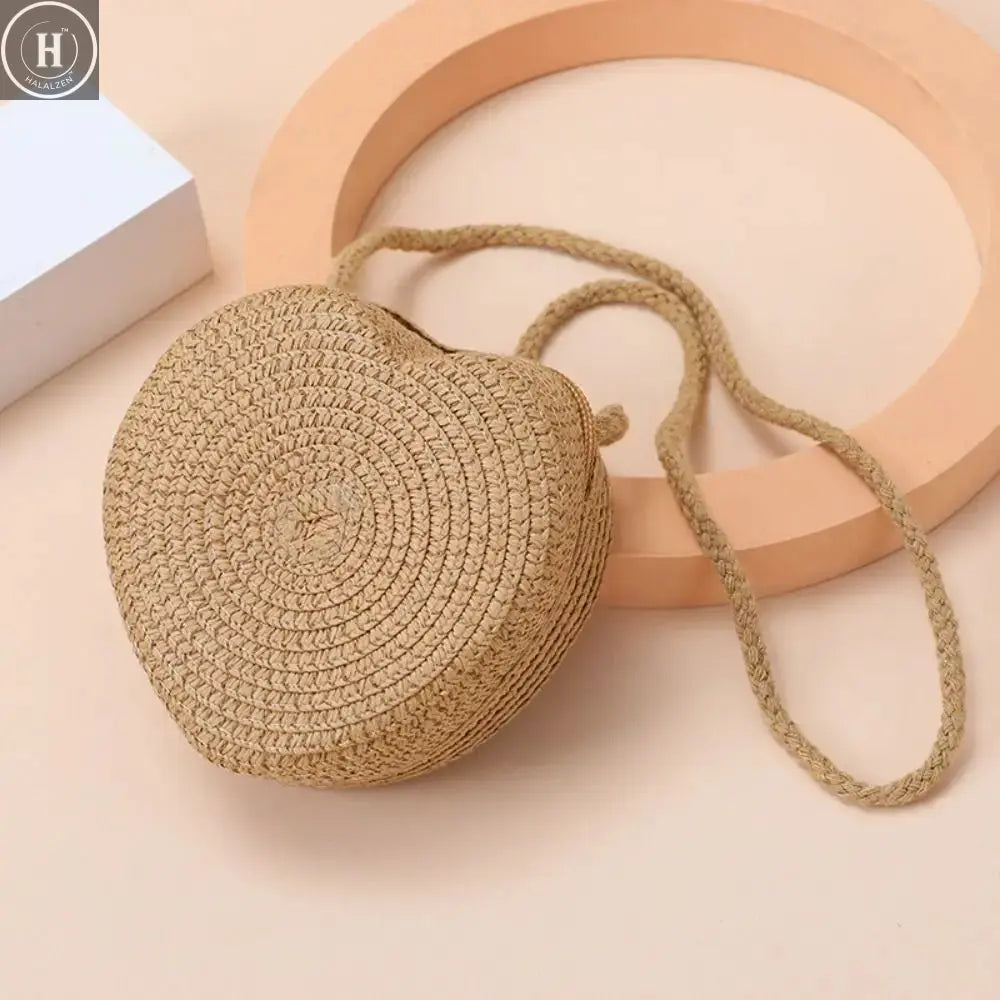 Children's Straw Shoulder Bags Beach Bag Coin Purse Kids Heart Shape Woven Crossbody Bag HALALZEN