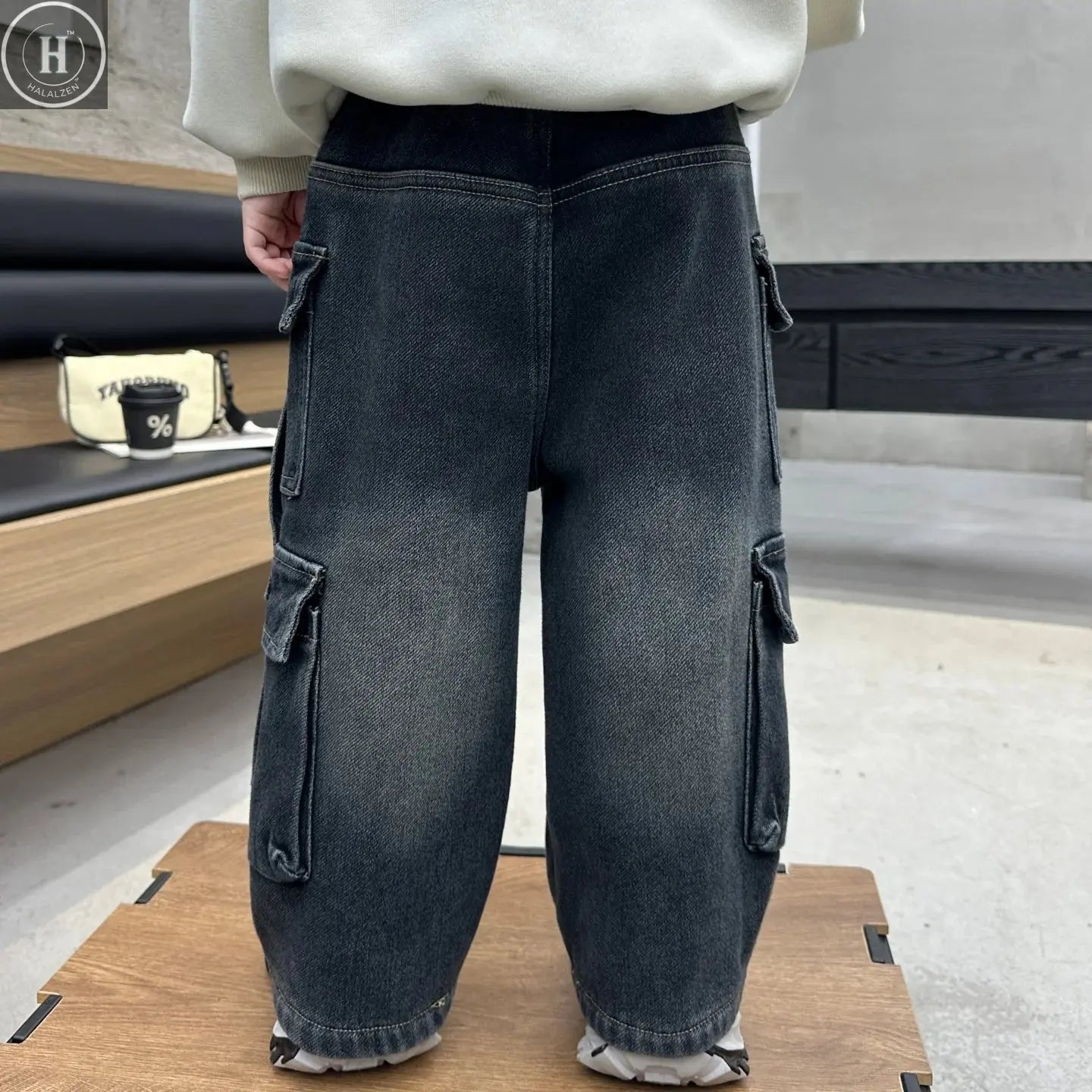 New Arrival Boys' Winter Fleece-Lined with Multi Pockets Washed Dark Denim Pants, Trendy Streetwear Workwear Trousers HALALZEN