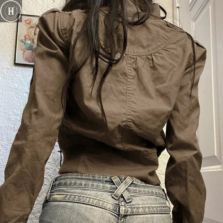 Vintage Cropped Jackets Women Stand Collar Solid Color Casual Coats Slim Pocket Zip Up Harajuku Safari Style Outwear Halalzen UK