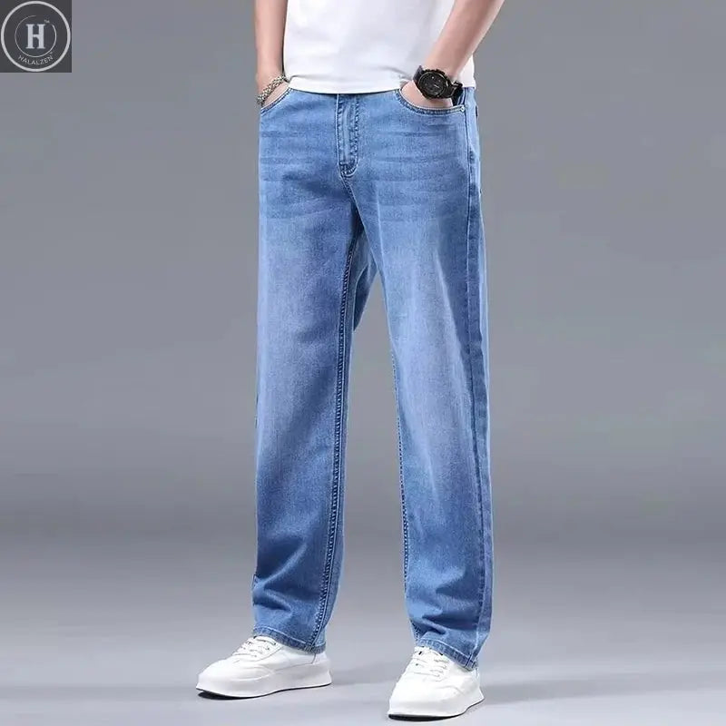 Men New Fleece Lined Thickened Jeans Male Winter Loose Straight Slim Fit Denim Pants High End Casual Elasticity Trousers HALALZEN
