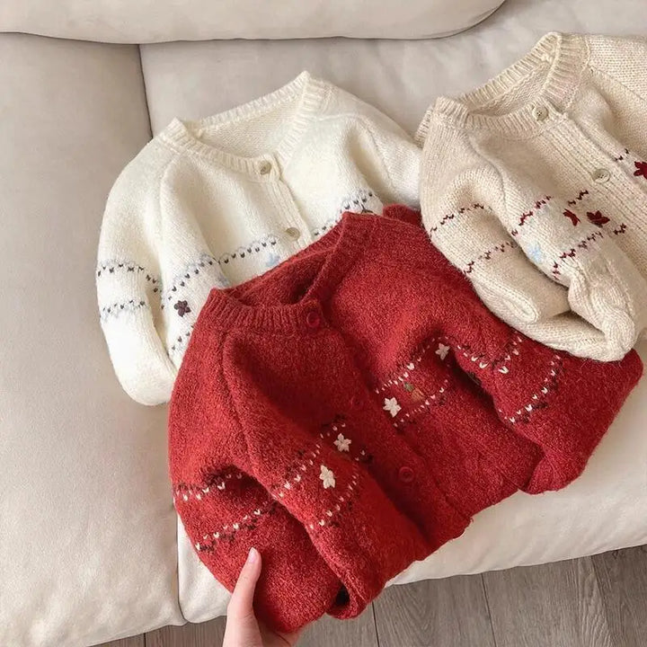 Christmas Red Flower Embroidered Knitted Cardigan Autumn Winter Women's Round Neck Single Breasted Sweater Warm Jacket Tops Coat
