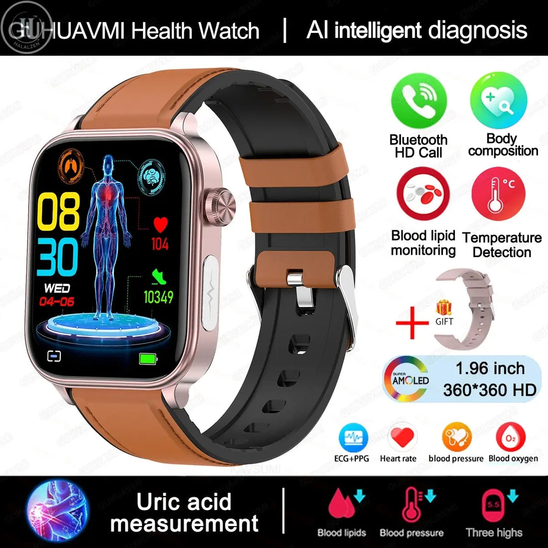 2025 New AI Diagnosis Blood Lipids Uric Acid Body composition Test Smart Watch For Men ECG+PPG Bluetooth Call Health Smartwatch HALALZEN