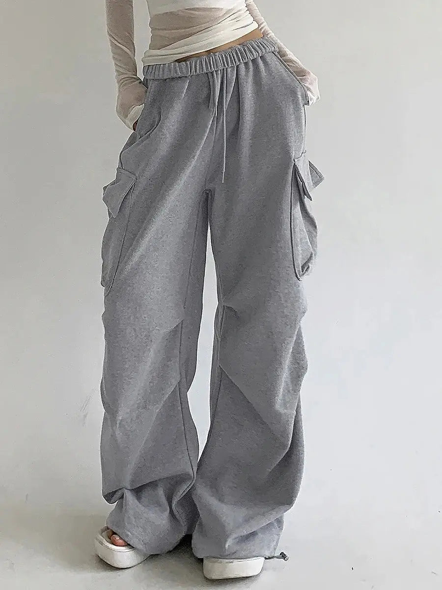 Women s Baggy Cargo Pants High Waist Solid Color Parachute Pants Ruched Sweatpants with Flap Pockets Halalzen UK