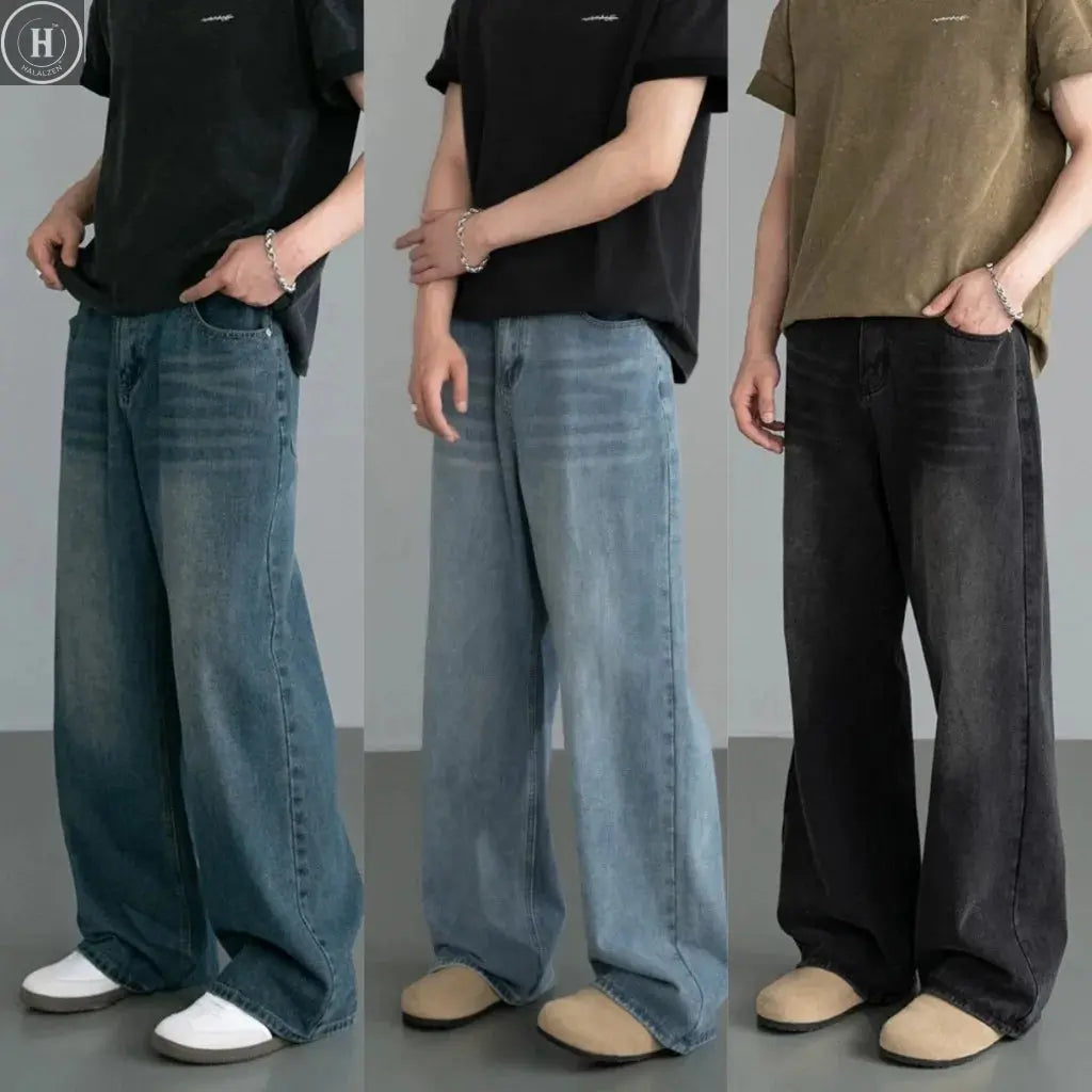 Spring Autumn Men's New Denim Pants Old Blue Washed Casual Jeans Menwear Loose New Fashion contrasting color Wide Leg Trousers HALALZEN