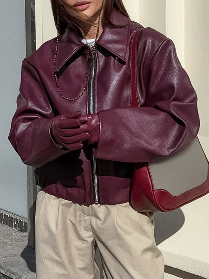 Women s Faux Leather Moto Jacket with Removable Hood Vintage Long Sleeve Lapel Collar Zip Up Biker Coat Outwear