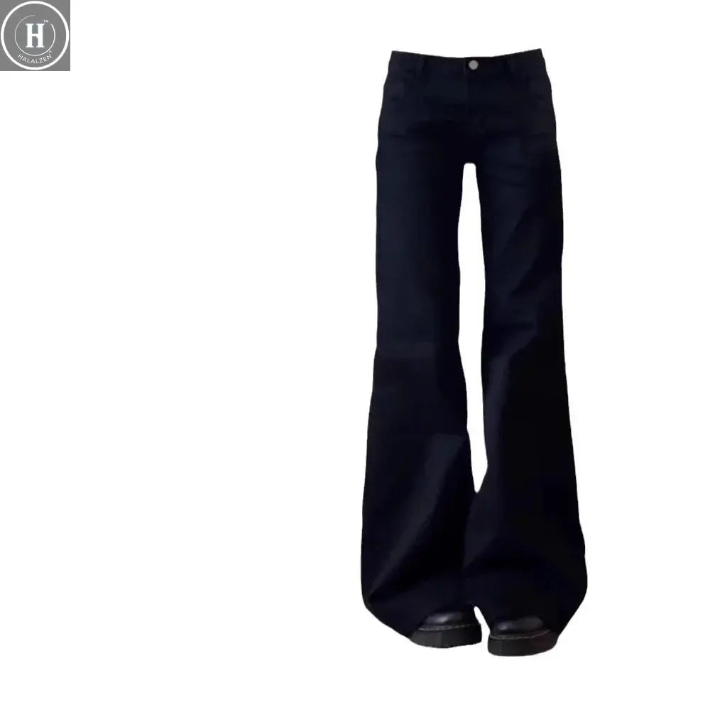 Plus Size American Style Spicy Girl Black Low Waist Wide Leg Micro Flared Jeans Women's Early Autumn Loose Fit Versatile Straigh Halalzen UK
