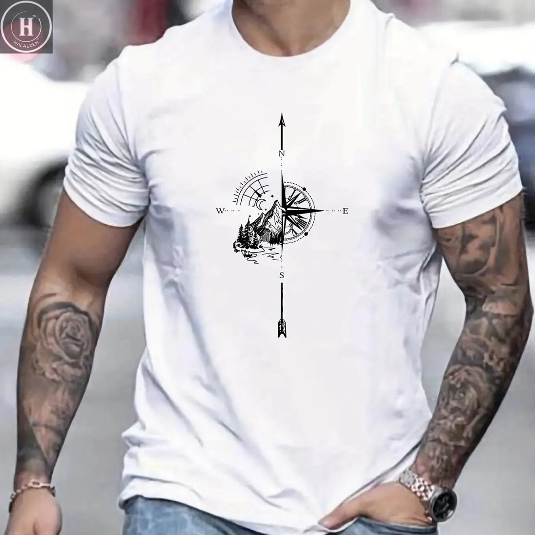 Men's Summer Casual Loose Size 100% Cotton Mountain Compass Pattern Print Round Neck Short Sleeve T-shirt Top HALALZEN