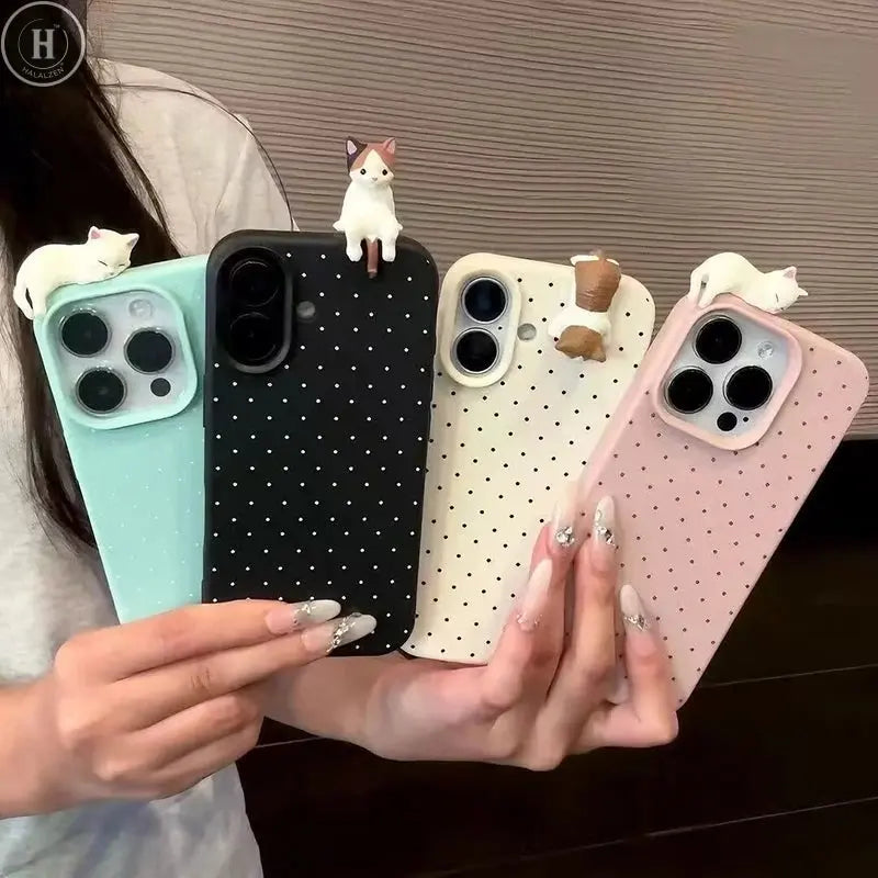 Polka Dot Pattern Soft Phone Case For iPhone 17 16 15 14 13 12 Pro Max Plus X Cute 3D Cartoon Cat Shockproof Cover Halalzen UK