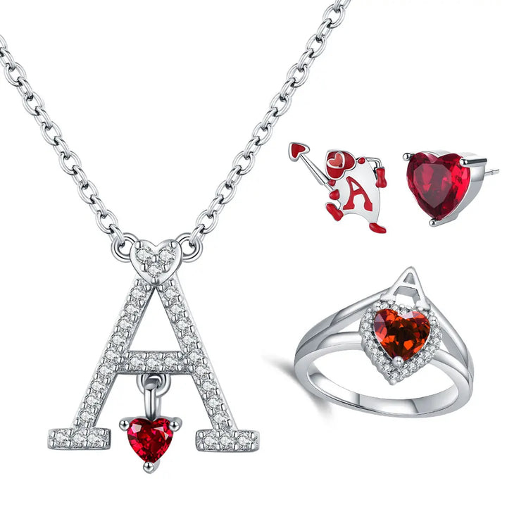 925 Silver Earrings Poker Red Heart A Necklace Ring Earrings Jewelry Suitable for Women Valentine's Day New Year Gifts