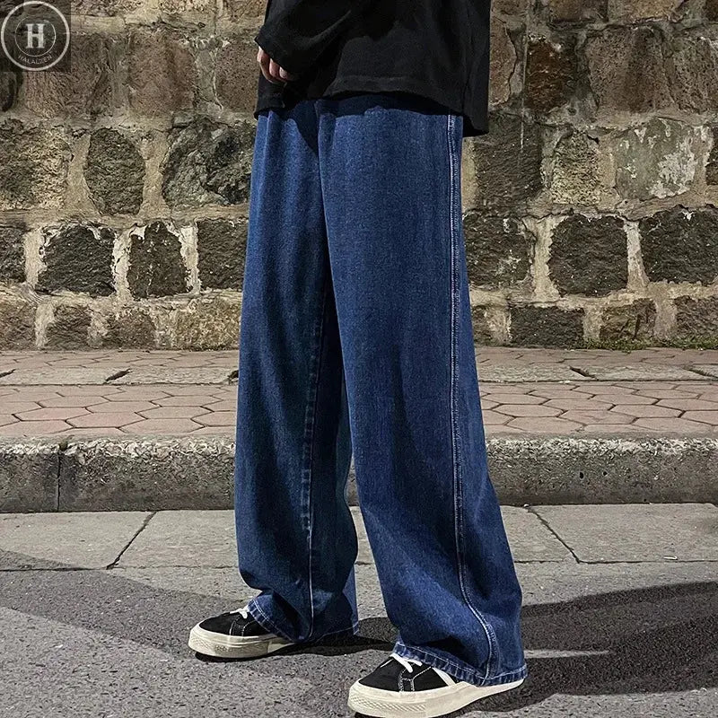 2025 New Streetwear Loose Jeans Men Korean Style Fashion Loose Straight Wide Leg Pants Men's Brand Clothing Black Light Blue HALALZEN