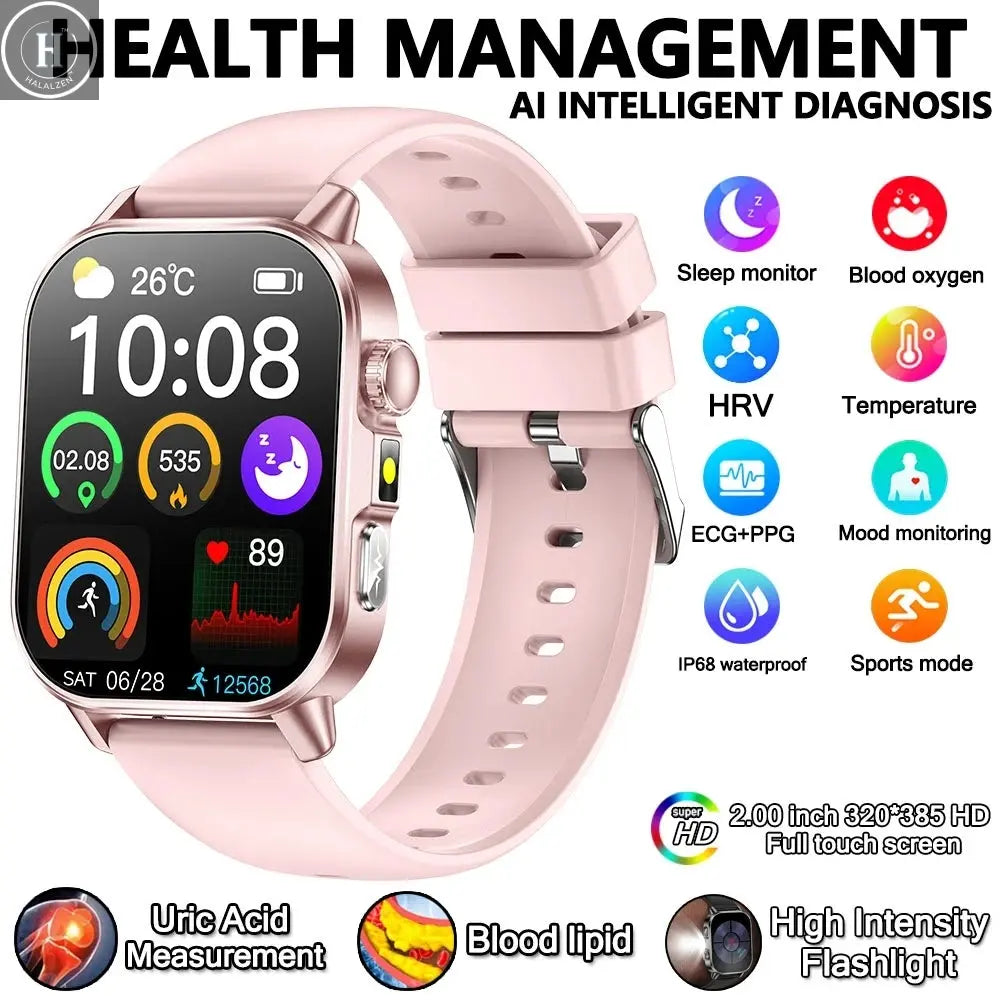 2026 New Model Uric Acid & Lipid Health Analysis Smart Watch Men ECG+PPG Bluetooth Call 2.01-inch Flashlight Smartwatch Women HALALZEN
