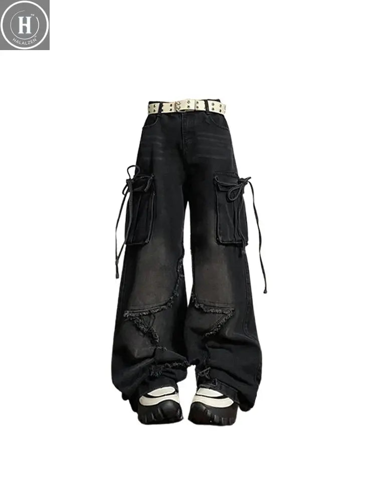 Women's Black Gothic Baggy Cargo Jeans with Star Harajuku Y2k 90s Aesthetic Denim Trousers Emo 2000s Jean Pants Vintage Clothes Halalzen UK