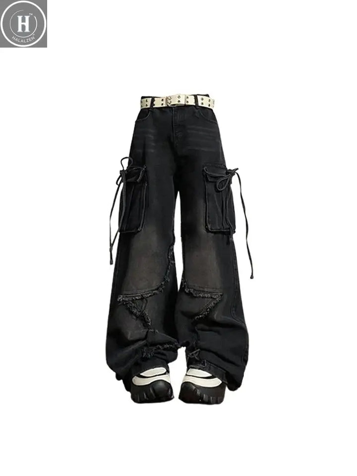 Women's Black Gothic Baggy Cargo Jeans with Star Harajuku Y2k 90s Aesthetic Denim Trousers Emo 2000s Jean Pants Vintage Clothes Halalzen UK