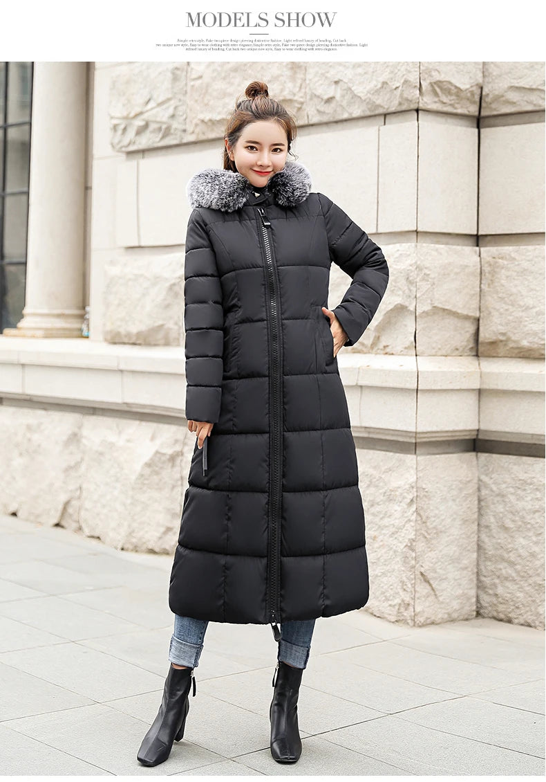 Fashion Warm Hooded Winter Coat Women Fur Collar Jacket Casual Bisic Coats Female Lady Lengthen Thickening Waterproof Slim Parka