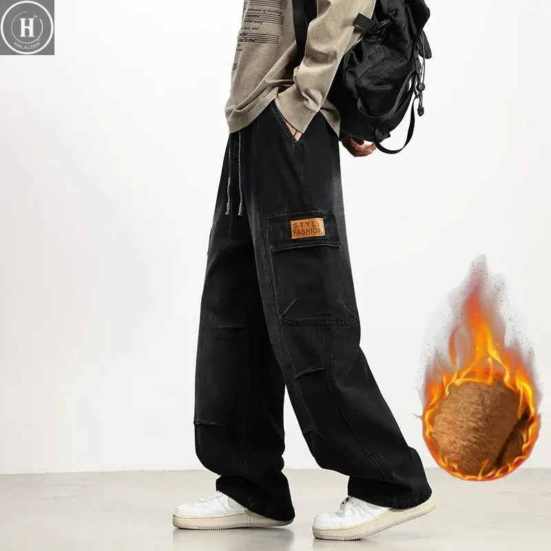 New Winter Velvet Denim Jeans Wide Leg Washing Jean Pants Men Trousers Neutral Loose Casual Outdoor Fashion Pants Big Size 8xl Halalzen UK