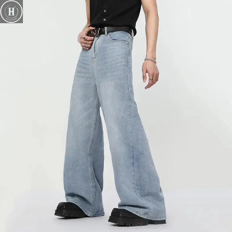 Summer Men Denim Jeans Male Wash Straight Wide Leg Baggy Loose Trousers New Fashion High Street Hot Sale Casual Trousers Halalzen UK