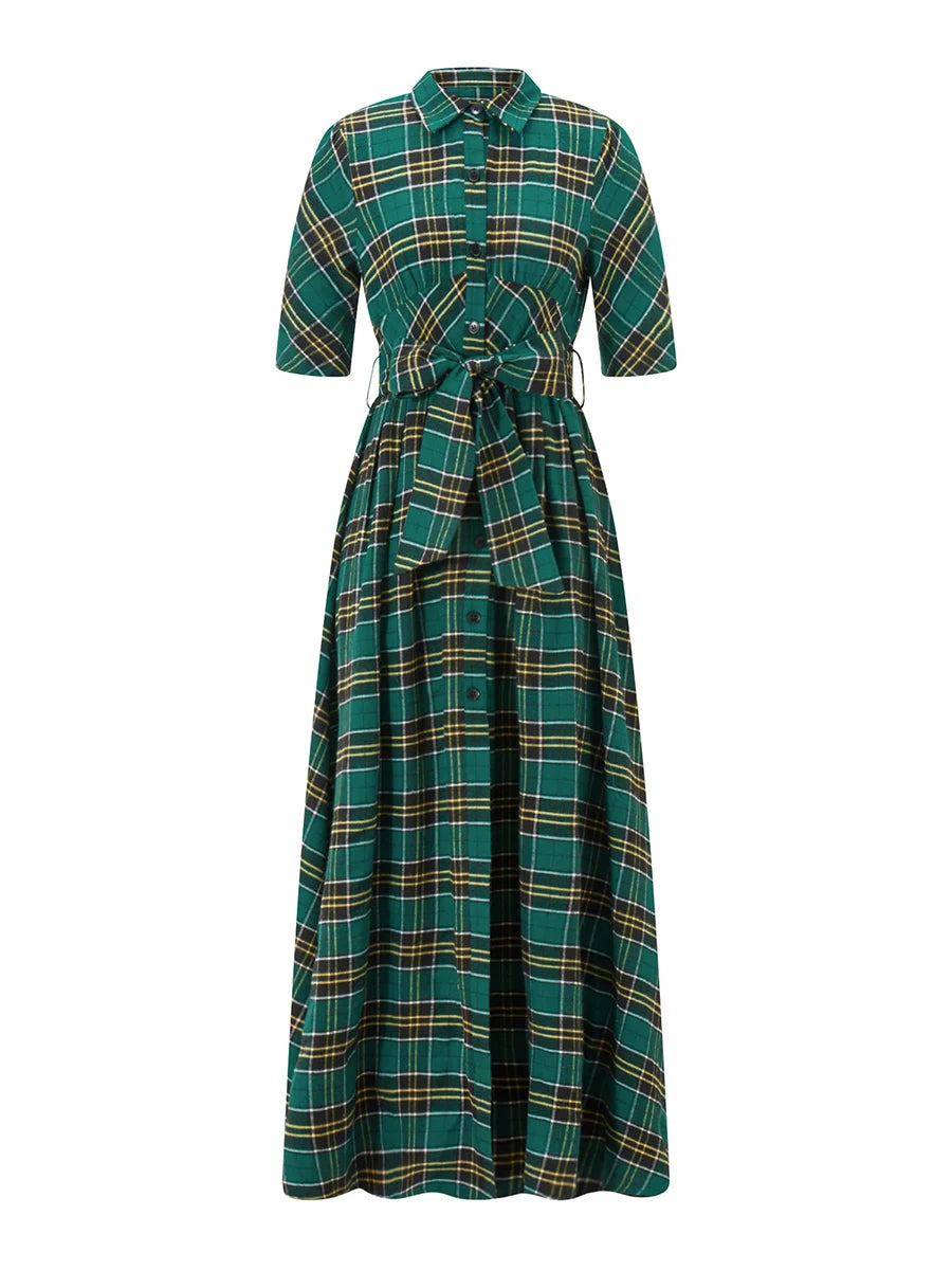 Women Christmas Shirts Dress Plaid Turn-Down Collar Half Sleeve Dress Fashion Button-Down Holiday Dress with Belt
