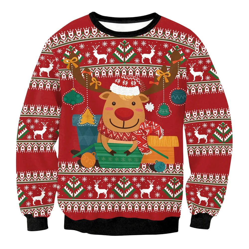 Men Women Crewneck Xmas Sweatshirt 3D Christmas Tree Gift Print Holiday Party Jumper Tops Pullover Alpaca Ugly Christmas Sweater