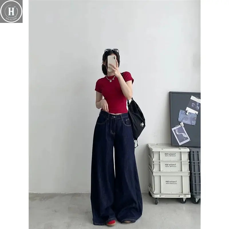 Blue Womens Jeans High Waist Vintage Straight Summer Y2K Classic Denim Pants Streetwear American Wide Leg Baggy Denim Trouser Halalzen UK