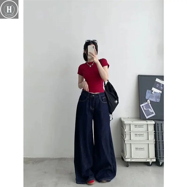 Blue Womens Jeans High Waist Vintage Straight Summer Y2K Classic Denim Pants Streetwear American Wide Leg Baggy Denim Trouser Halalzen UK