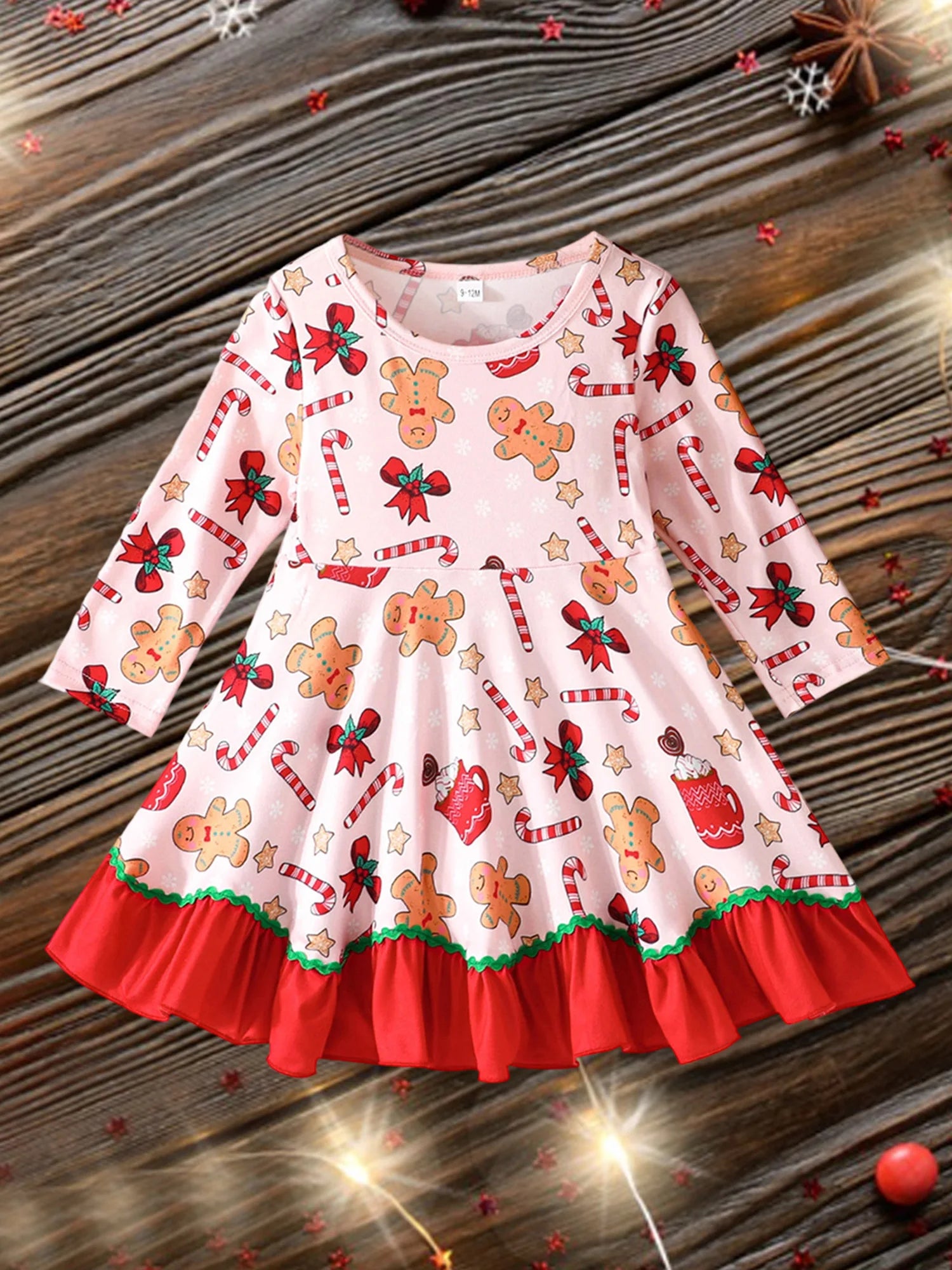 Toddler Baby Girl Christmas Dress Long Sleeve Crew Neck Gingerbread Man Cane Candy Print Dress