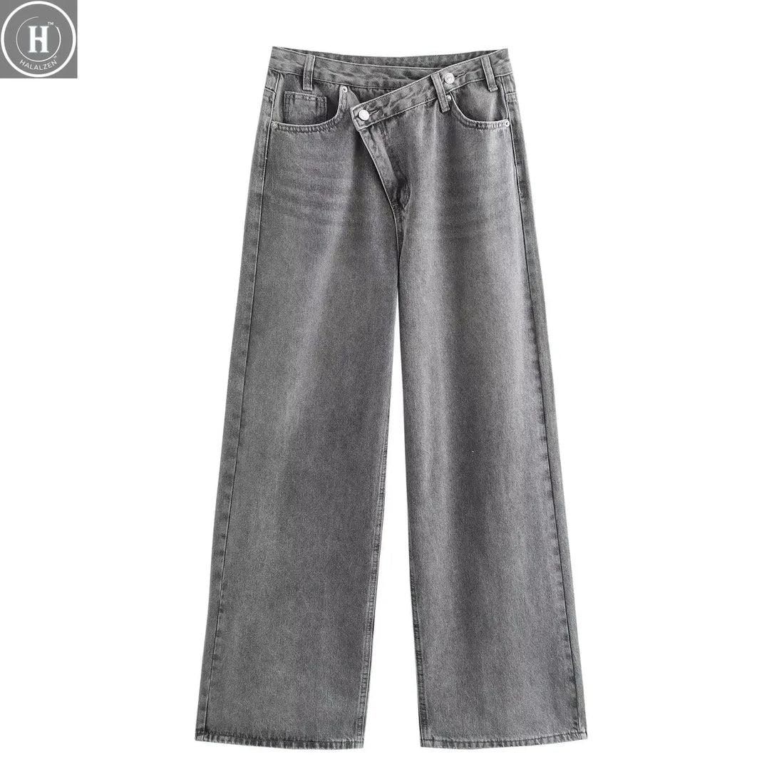 HH Women's Street Fashion Wide-leg Jeans Double-clad Pants With Pockets High Waist Solid Asymmetric Retro Straight Trousers Halalzen UK