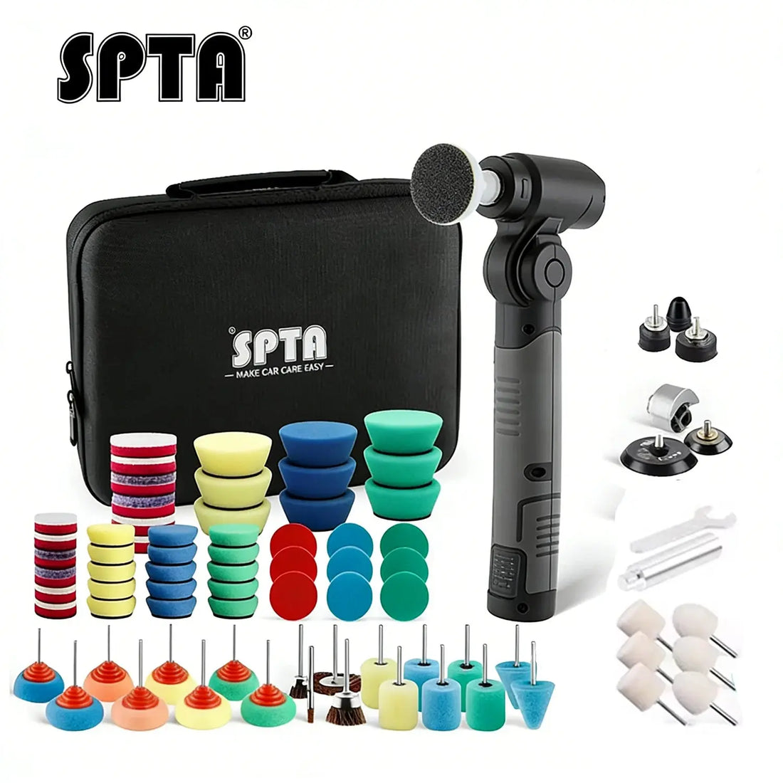 SPTA Mini Car Polisher Cordless RO/DA 9mm Orbit Multi Buffer Detailing Tools with 15/25/38/50 mm Polishing Pads Kit HALALZEN