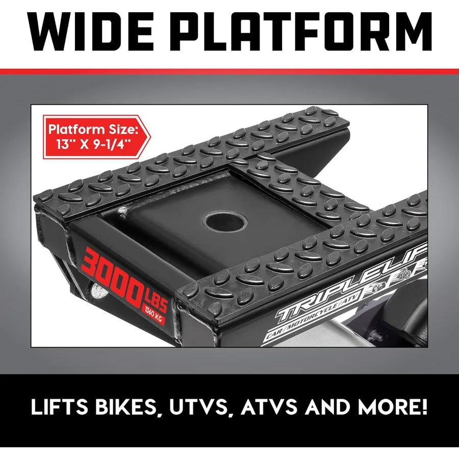 Big Wheel Triple Lift Garage Jack 3000 Pound Off Road Lift for Trucks Cars and Motorcycles with 1.5 Ton Capacity Ideal for Heav