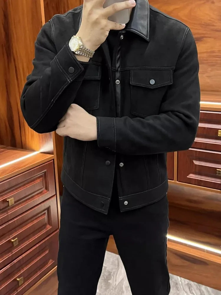 Business Men Slim Fit Autumn Faux Suede Leather Jacket Single Breasted Pu Leather Lapel Collar Coat Fashion Streetwear Outwear