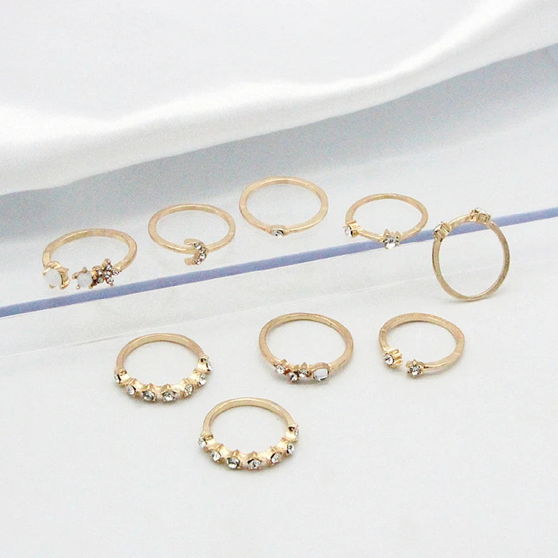 9Pcs/set Moon Star Rings for Women Girls Bohemian Jewellery set Gift Accessories