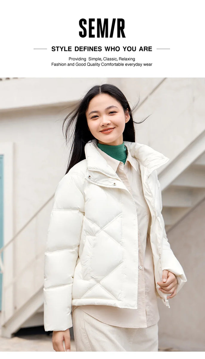 Semir Cotton Clothing Women Loose Stand Collar Simple Casual Temperament Winter Gentle Waterproof Rhombus Versatile Thick Coat