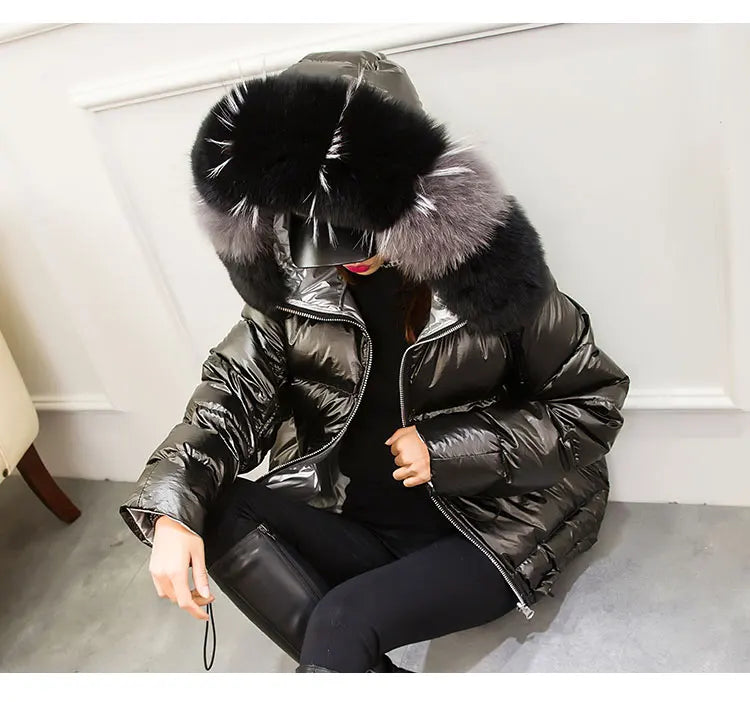 New Real Fur Parkas Natural Fox Fur Collar Jacket Winter Women Loose Short Down Coat White Duck Down Jacket Thick Warm Down Coat