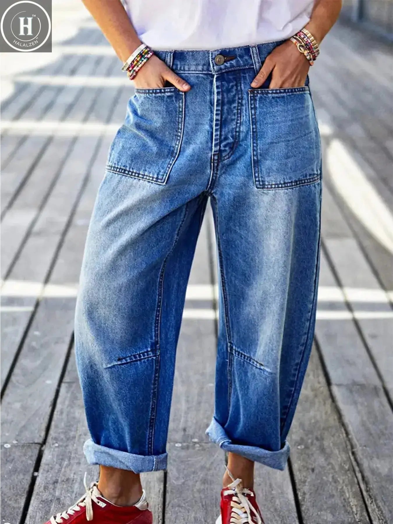 Mid-waist fashionable casual blue jeans for women, versatile, cuffed design, suitable for all seasons, clearance sale, autumn ne Halalzen UK